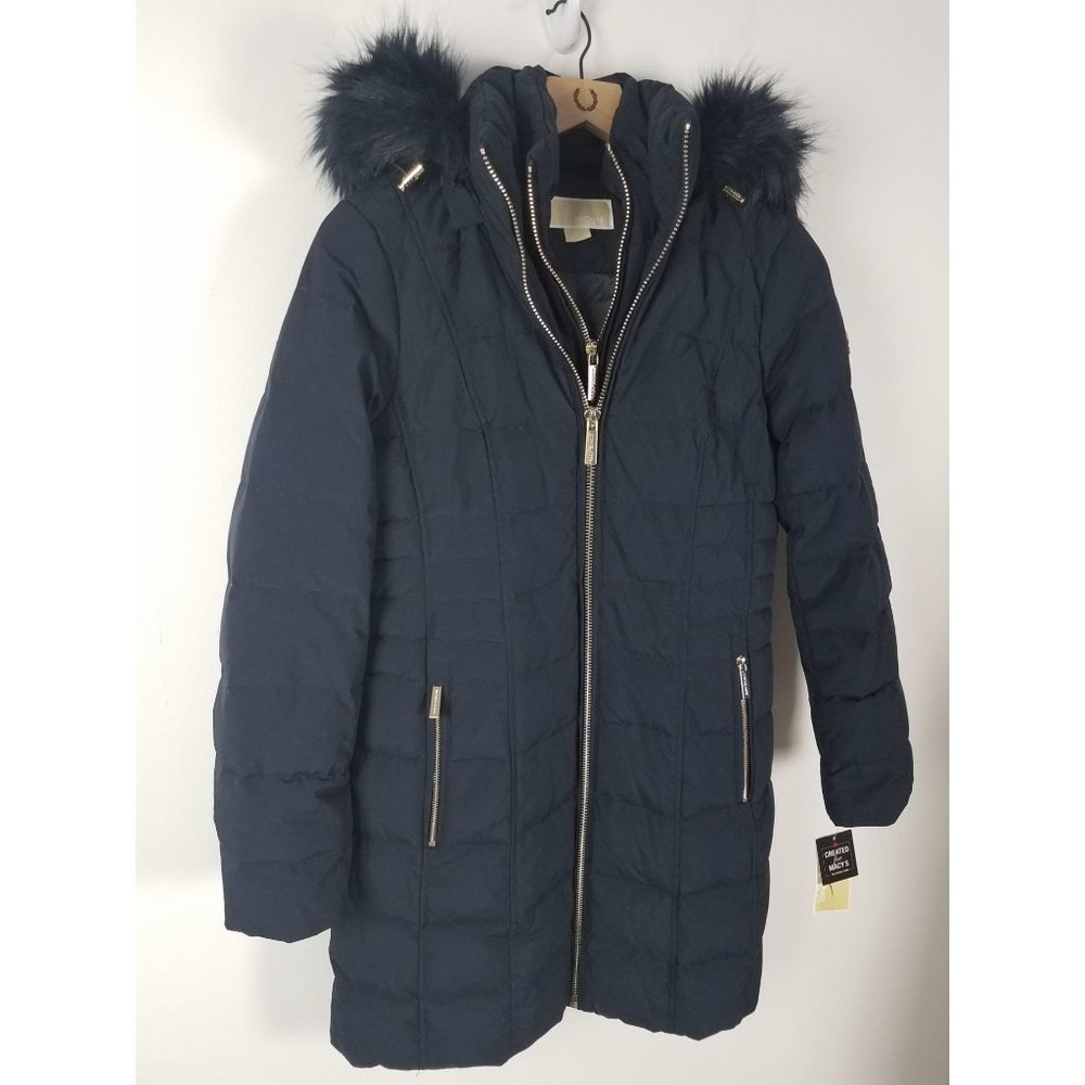Michael Michael Kors Women's Sz. XS Fur Hooded Down Double Zip Navy Coat NWT - Picture 3 of 7